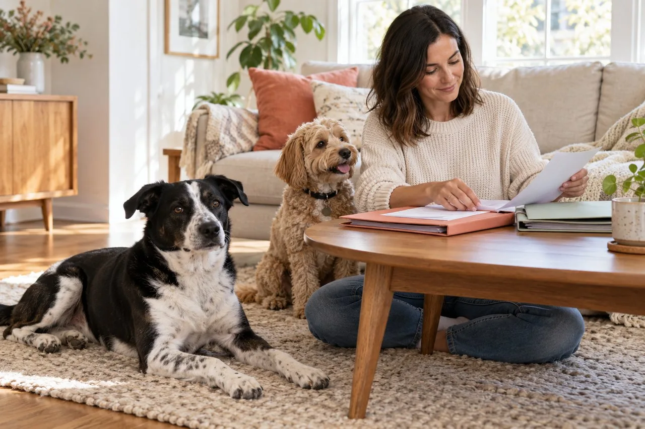 Owner reviewing documents at home with dogs nearby
